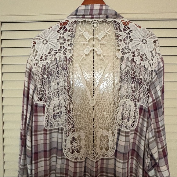American Rag Purple Plaid Blouse with Crochet Accents - Picture 5 of 11